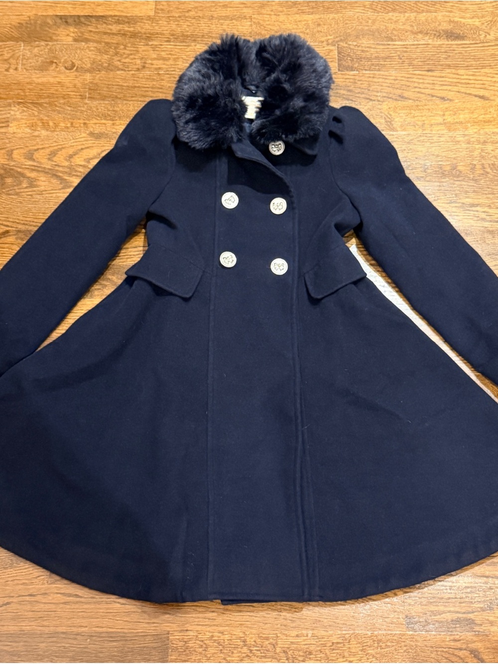 Girls' Navy Double-Breasted Peacoat with detachable Faux Fur Collar -